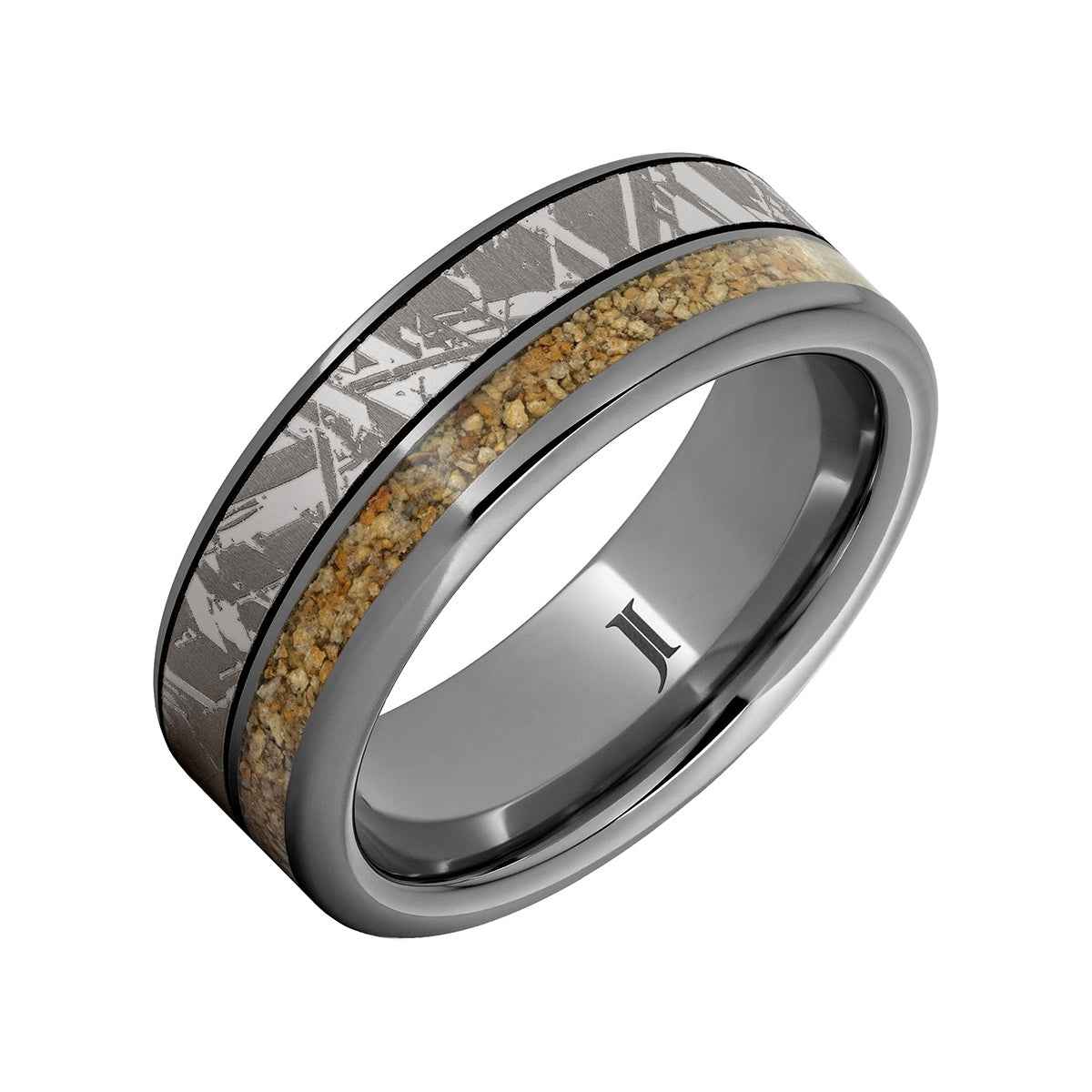 Men's 8mm Brown Dinosaur Bone Inlay Meteorite Engraved Wedding Ring in Tungsten Carbide front view