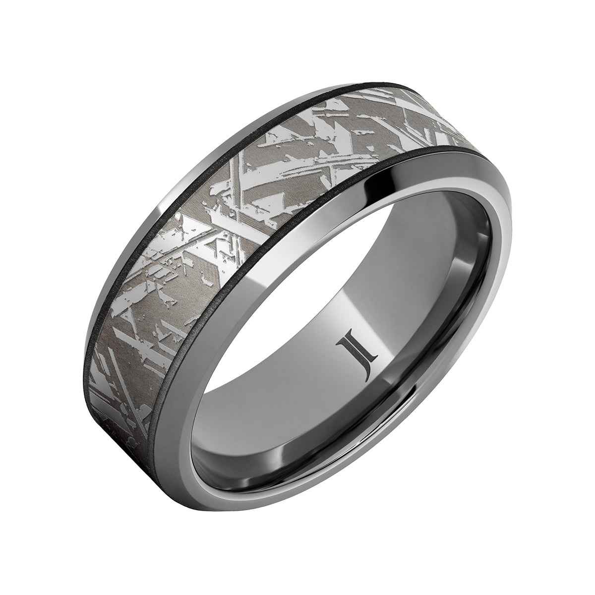 Men's 8mm Meteorite Engraved Wedding Ring in Tungsten Carbide front view