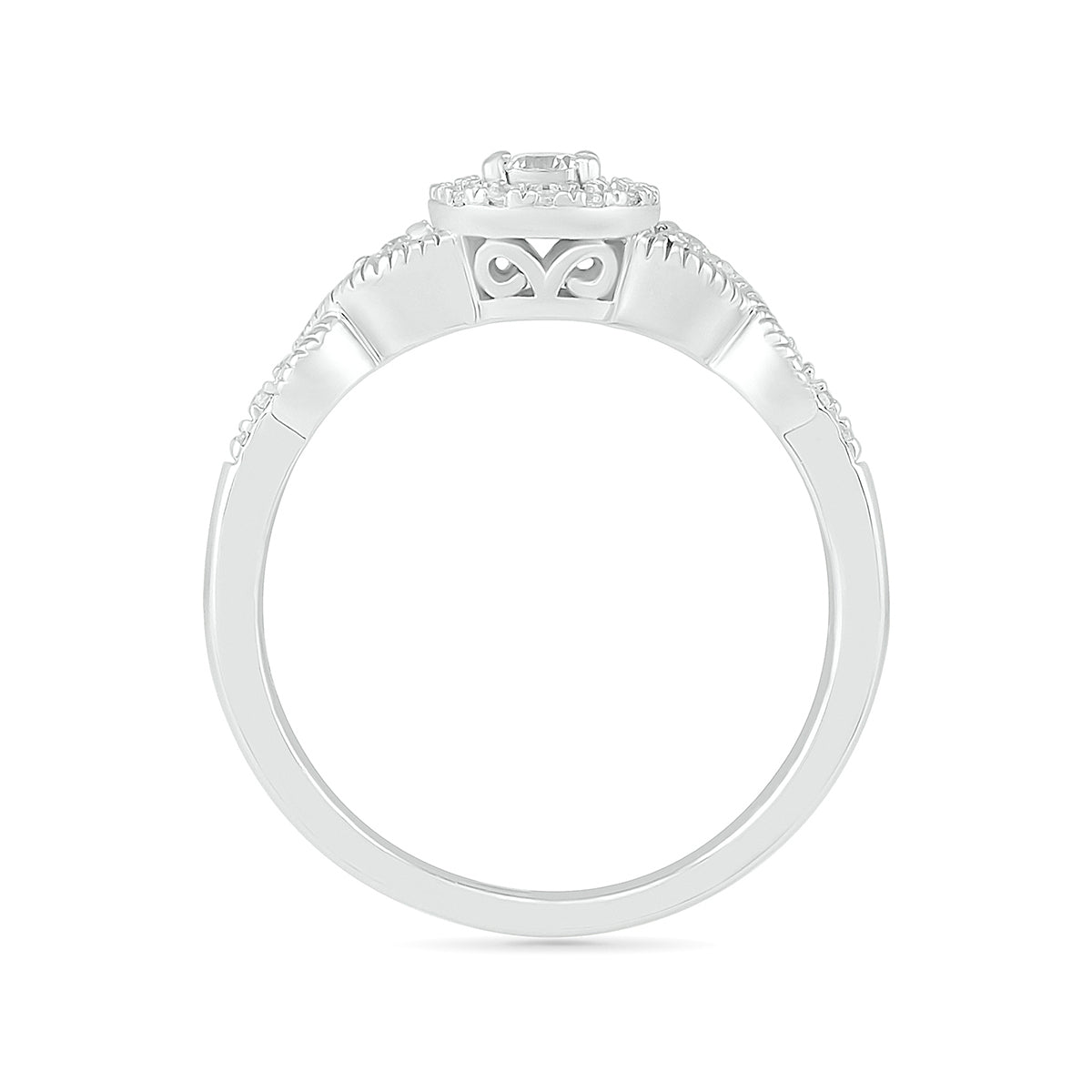I Promise 1/5 ct. tw. Diamond 3-Stone Miracle Plate Promise Ring with Halo in 10K White Gold close-up detail