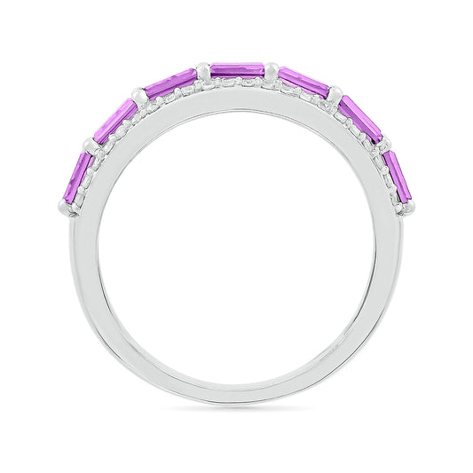 Emerald Cut Amethyst & 1/4 ct. tw. Diamond Multirow Ring in 10K White Gold close-up detail