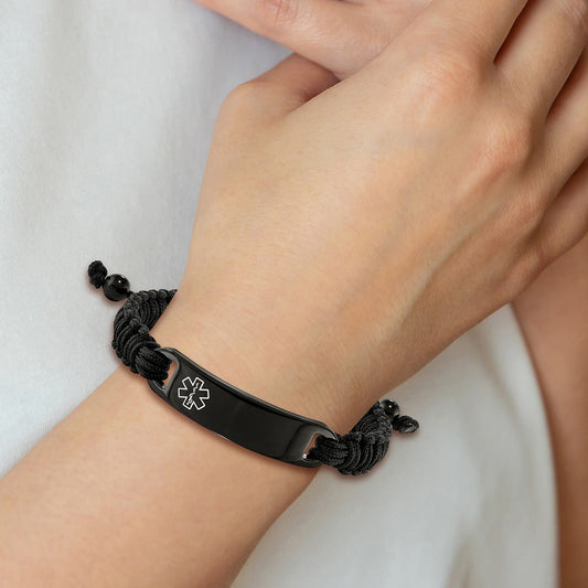 Adjustable Nylon Medical ID Bracelet in Black Ion Plated Stainless Steel front view