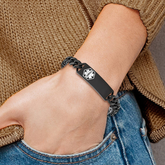 2.96mm 8-inch Curb Chain Medical ID Bracelet in Black Ion Plated Stainless Steel side profile
