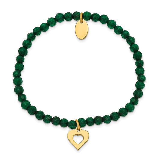 Green Jade Bead Stretch Bracelet with Yellow Ion Plated Stainless Steel Heart Charm front view
