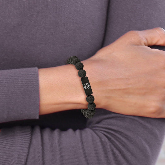 Lava Bead Medical ID Bracelet in Black Ion Plated Stainless Steel close-up detail
