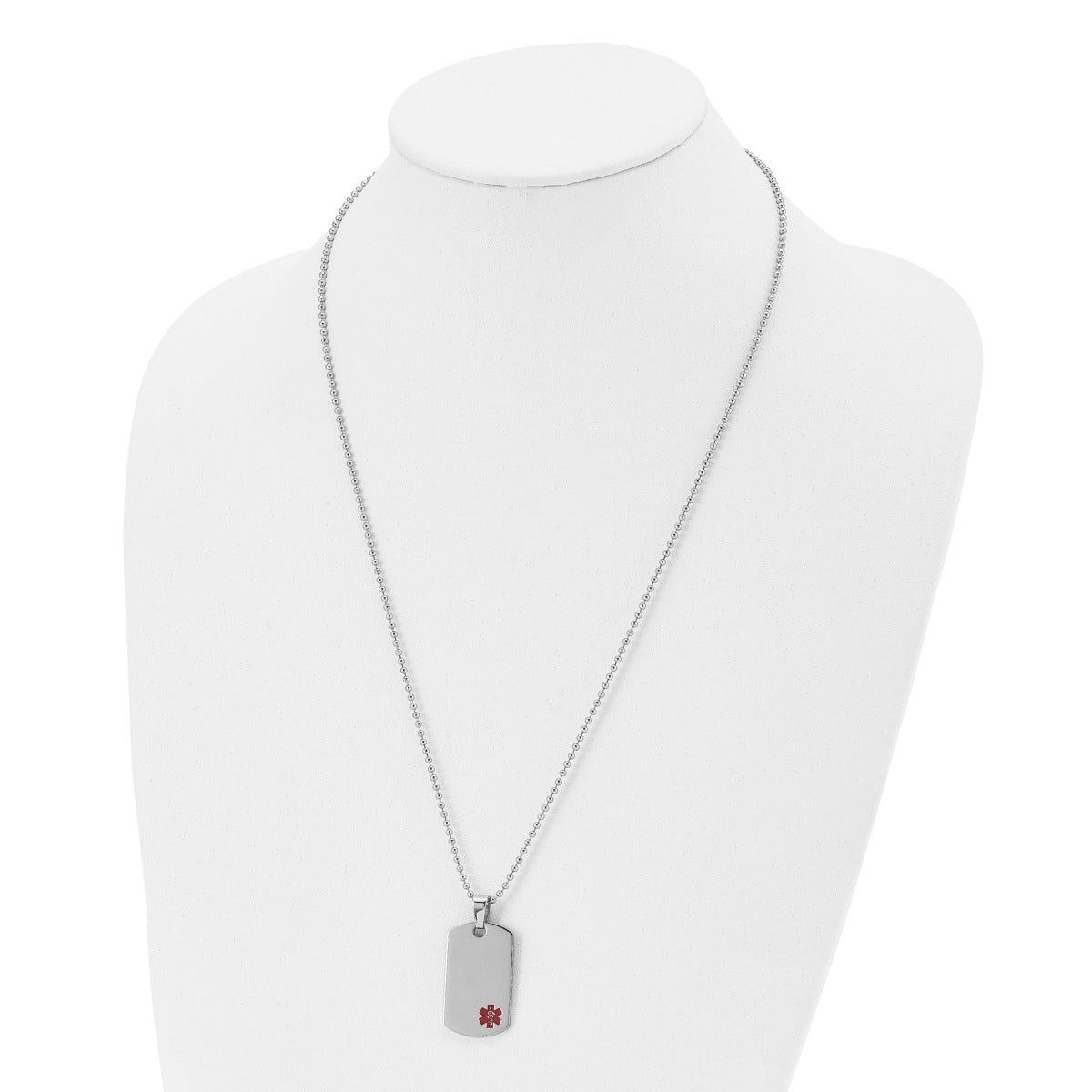 Medical ID Dog Tag Pendant on 24-inch Ball Chain in Polished Stainless Steel front view