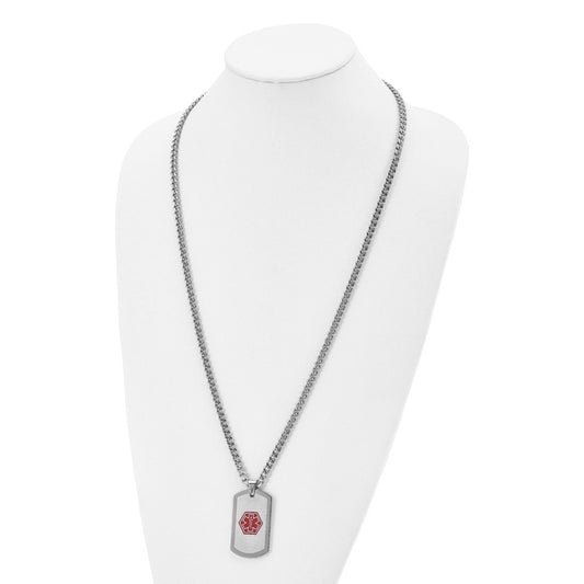 Medical ID Dog Tag Pendant on 30-inch Curb Chain in Brushed & Polished Stainless Steel front view