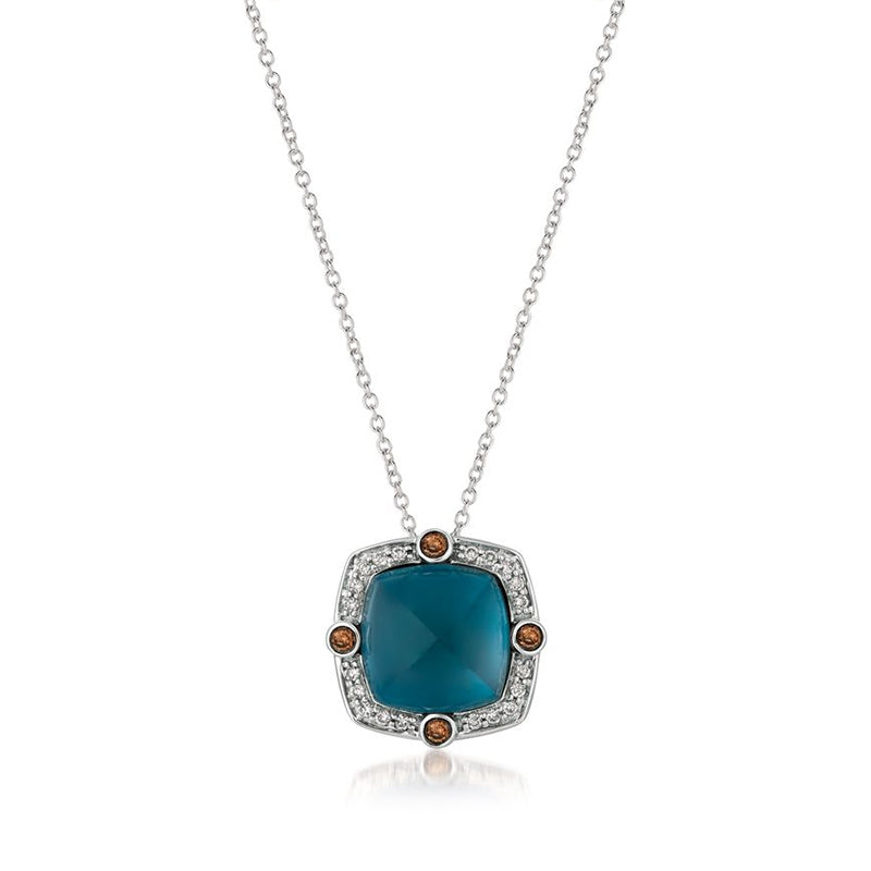 Le Vian Chocolatier Cushion Deep Sea Blue Topaz & 1/4 ct. tw. Vanilla & Chocolate Diamond Halo Pendant in 14K Vanilla Gold