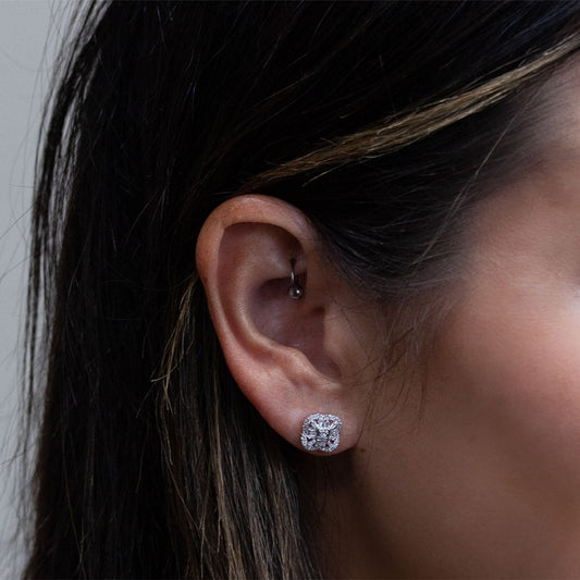 Fairytale Diamonds 1/3 ct. tw. Round & Baguette Diamond Quatrefoil Earrings in 10K White Gold close-up detail