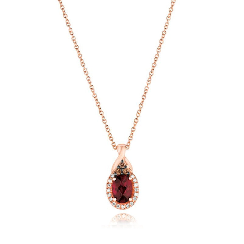 Le Vian Oval Raspberry Rhodolite Garnet & 1/8 ct. tw. Vanilla & Chocolate Diamond Halo Pendant in 14K Strawberry Gold