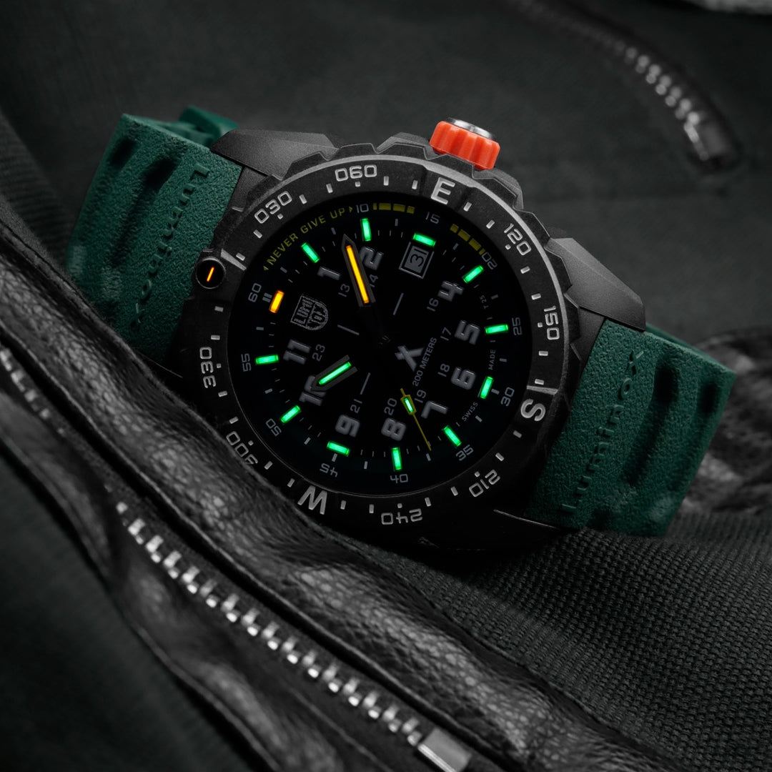 Luminox Men's Bear Grylls Survival Quartz Black Carbonox Watch with Black & Green Dial & Rubber Strap side profile