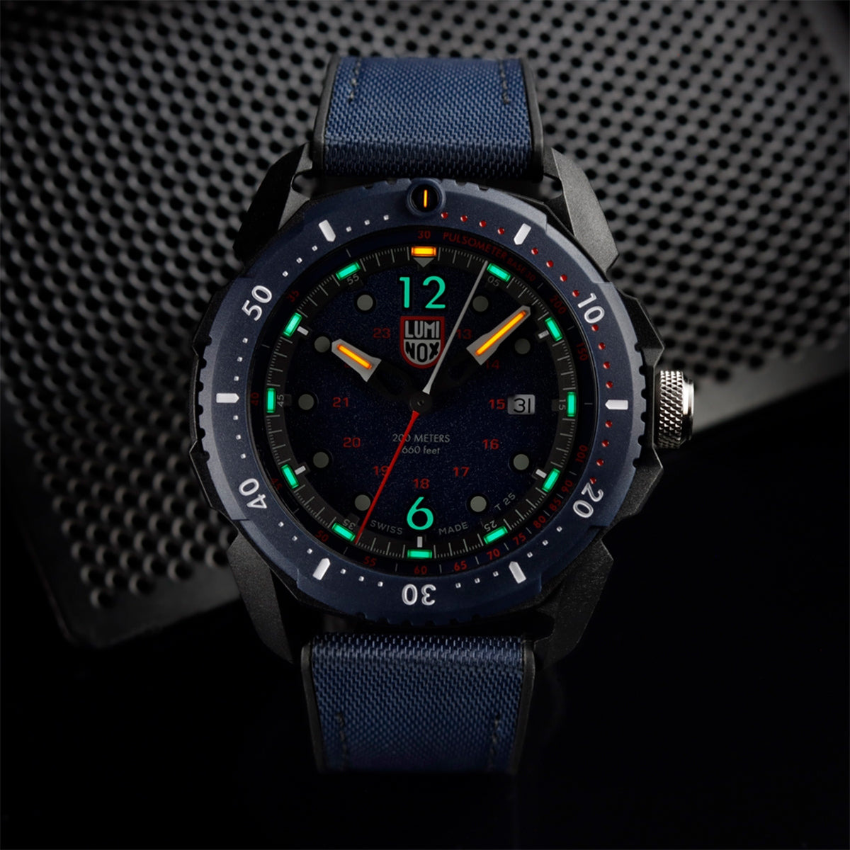 Luminox Men's ICE SAR Artic Quartz Black Carbonox Watch with Blue Dial & Rubber Strap side profile