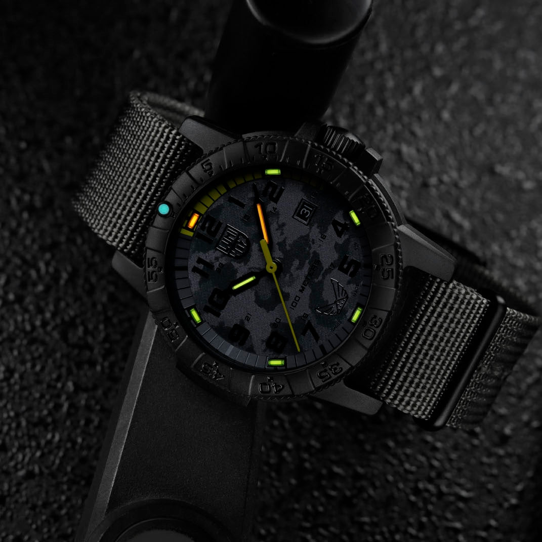 Luminox Men's Volition America Leatherback Sea Turtle Giant Black Carbonox Watch with Thunder Gray Dial close-up detail