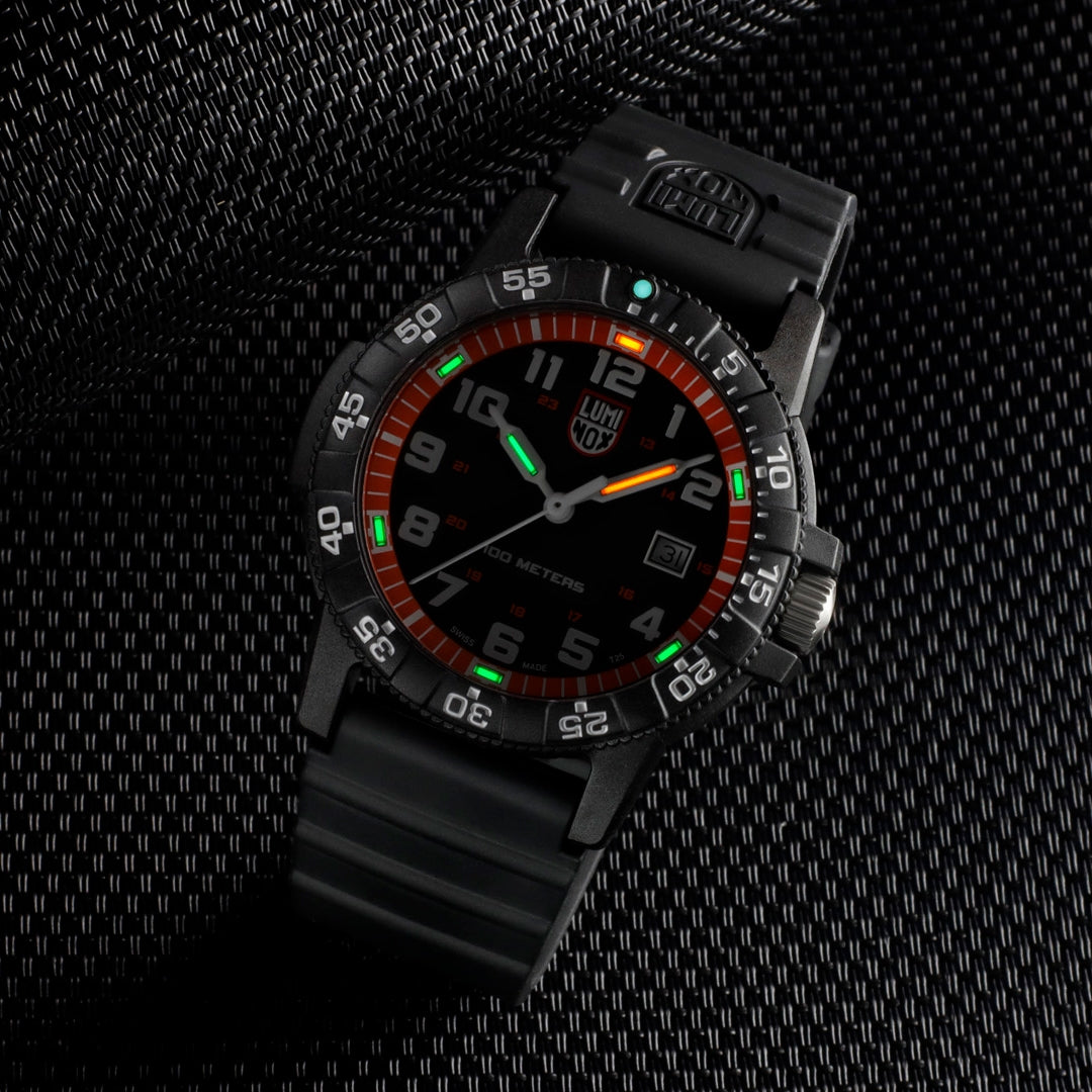 Luminox Men's Leatherback Sea Turtle Giant Quartz Black Carbonox Watch with Black & Orange Dial & Black Rubber side profile