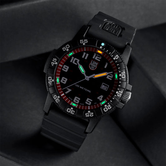Luminox Men's Leatherback Sea Turtle Giant Quartz Black Carbonox Watch with Black & Red Dial & Black Rubber side profile