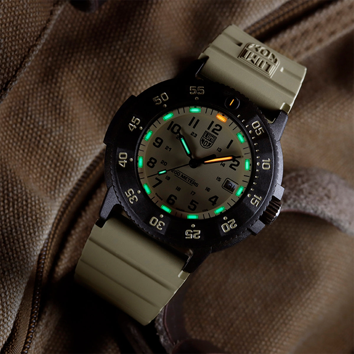 Luminox Men's Navy SEAL EVO Quartz Black Carbonox Watch with Tan Dial & Rubber Strap side profile