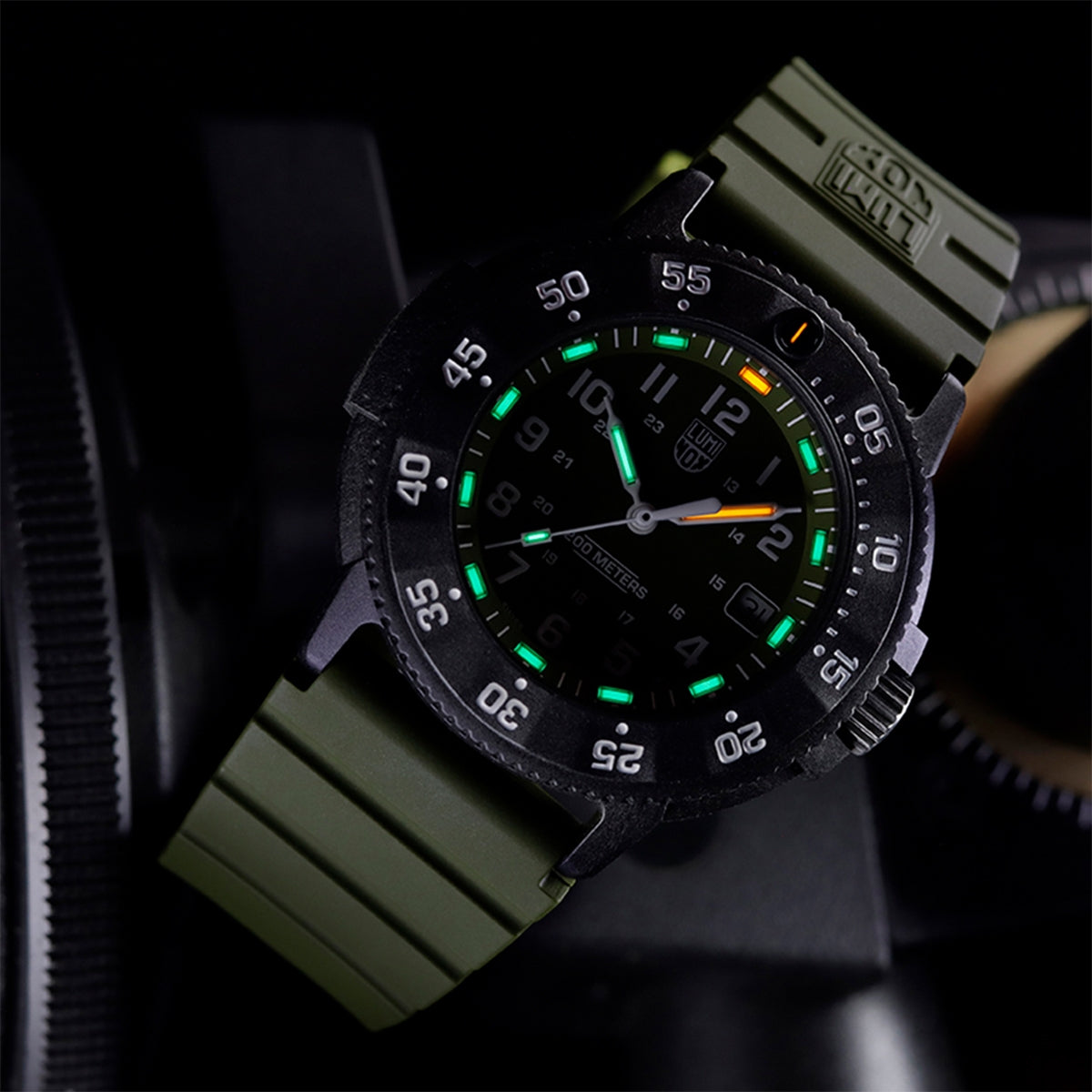 Luminox Men's Navy SEAL EVO Quartz Black Carbonox Watch with Green Dial & Rubber Strap side profile