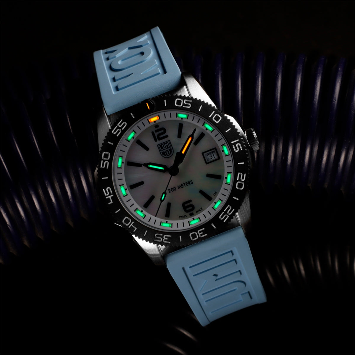 Luminox Pacific Diver Ripple Quartz Stainless Steel Watch with Mother of Pearl Dial & Light Blue Rubber Strap side profile