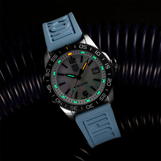 Luminox Pacific Diver Ripple Quartz Stainless Steel Watch with Mother of Pearl Dial & Light Blue Rubber Strap side profile
