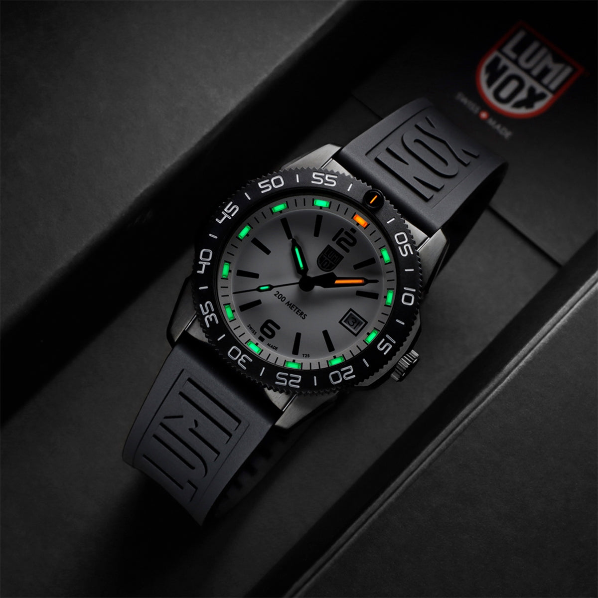 Luminox Pacific Diver Ripple Quartz Black Stainless Steel Watch with White Dial & Black Rubber Strap side profile