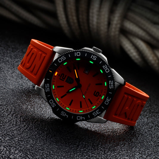 Luminox Men's Pacific Diver Quartz Stainless Steel Watch with Orange Dial & Rubber Strap side profile