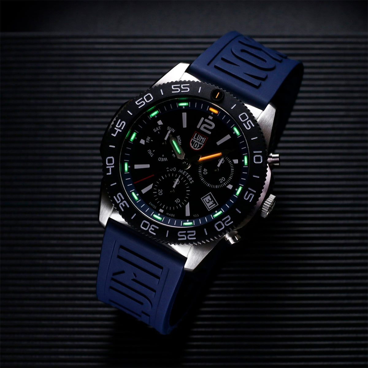 Luminox Men's Pacific Diver Quartz Chronograph Stainless Steel Watch with Black Dial & Navy Rubber Strap side profile