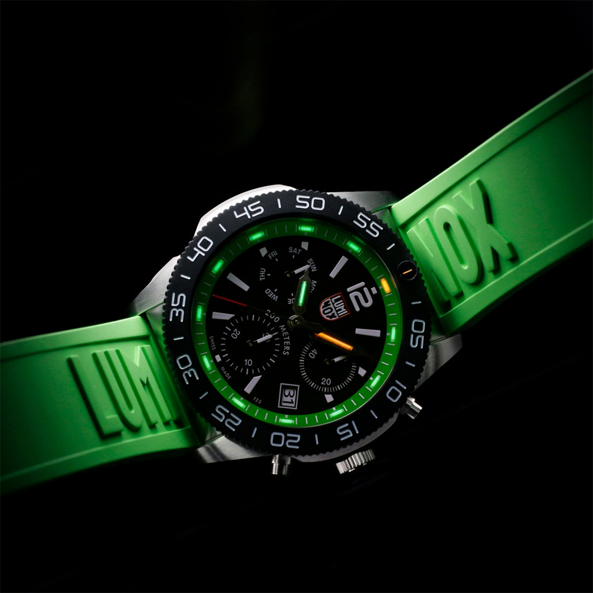 Luminox Men's Pacific Diver Quartz Chronograph Stainless Steel Watch with Black Dial & Green Rubber Strap side profile