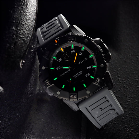 Luminox Men's Master Carbon SEAL Automatic Carbonox+ Watch with Black Dial & Gray Rubber Strap side profile