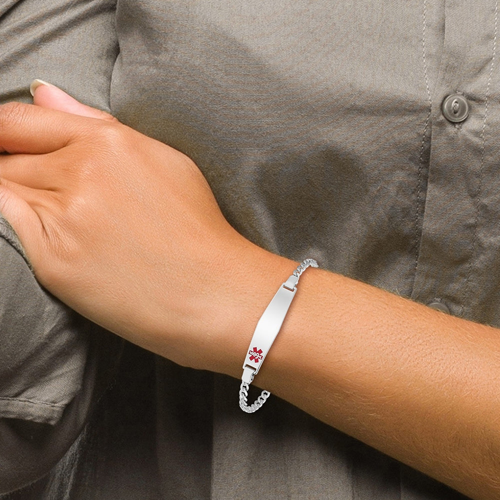 4mm 7-inch Curb Chain Medical ID Bracelet in Rhodium Plated Sterling Silver side profile