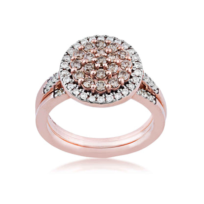 Mocha Cluster and 9/10 ct. tw. Diamond Halo Fashion Ring with Diamond Band Accents in 10K Pink Gold
