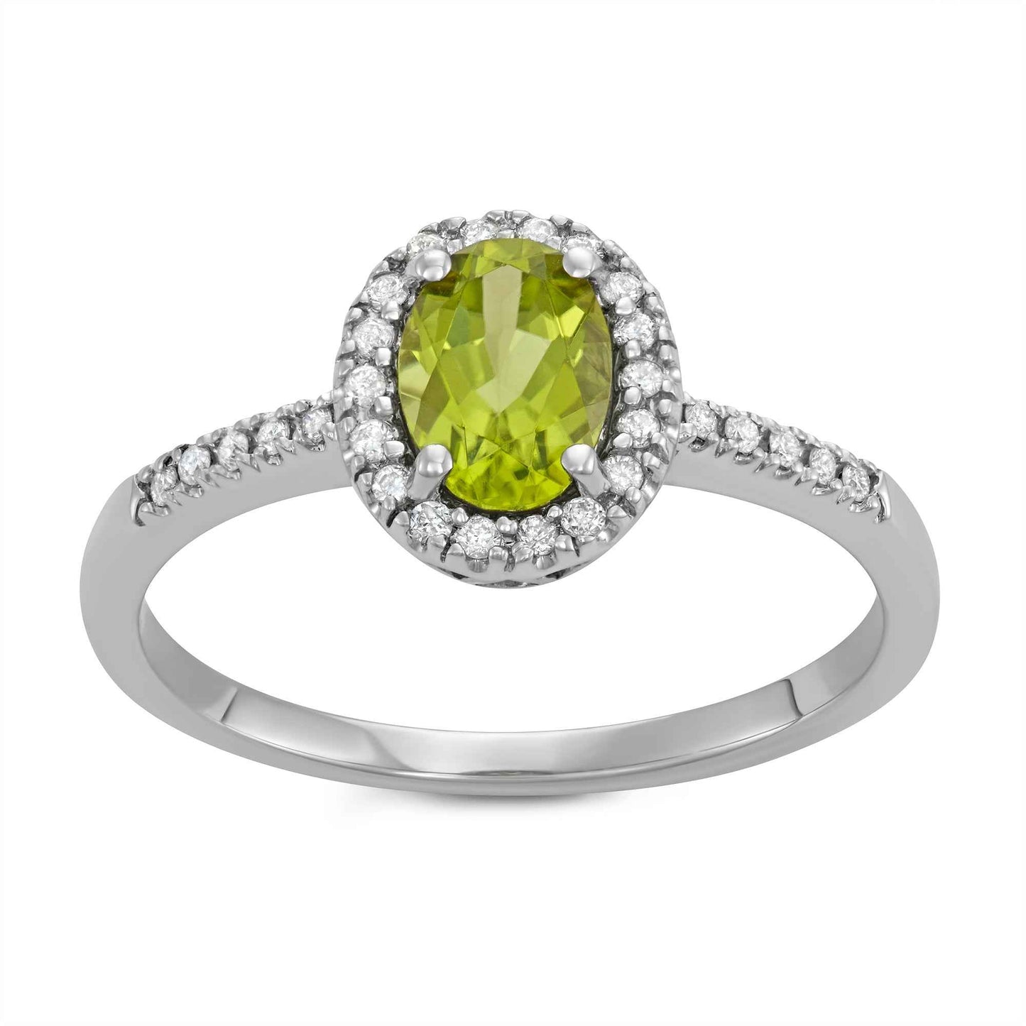 Genuine Oval Peridot Fashion Ring with 1/8 ct .tw. Diamond Halo & Band in 10K White Gold
