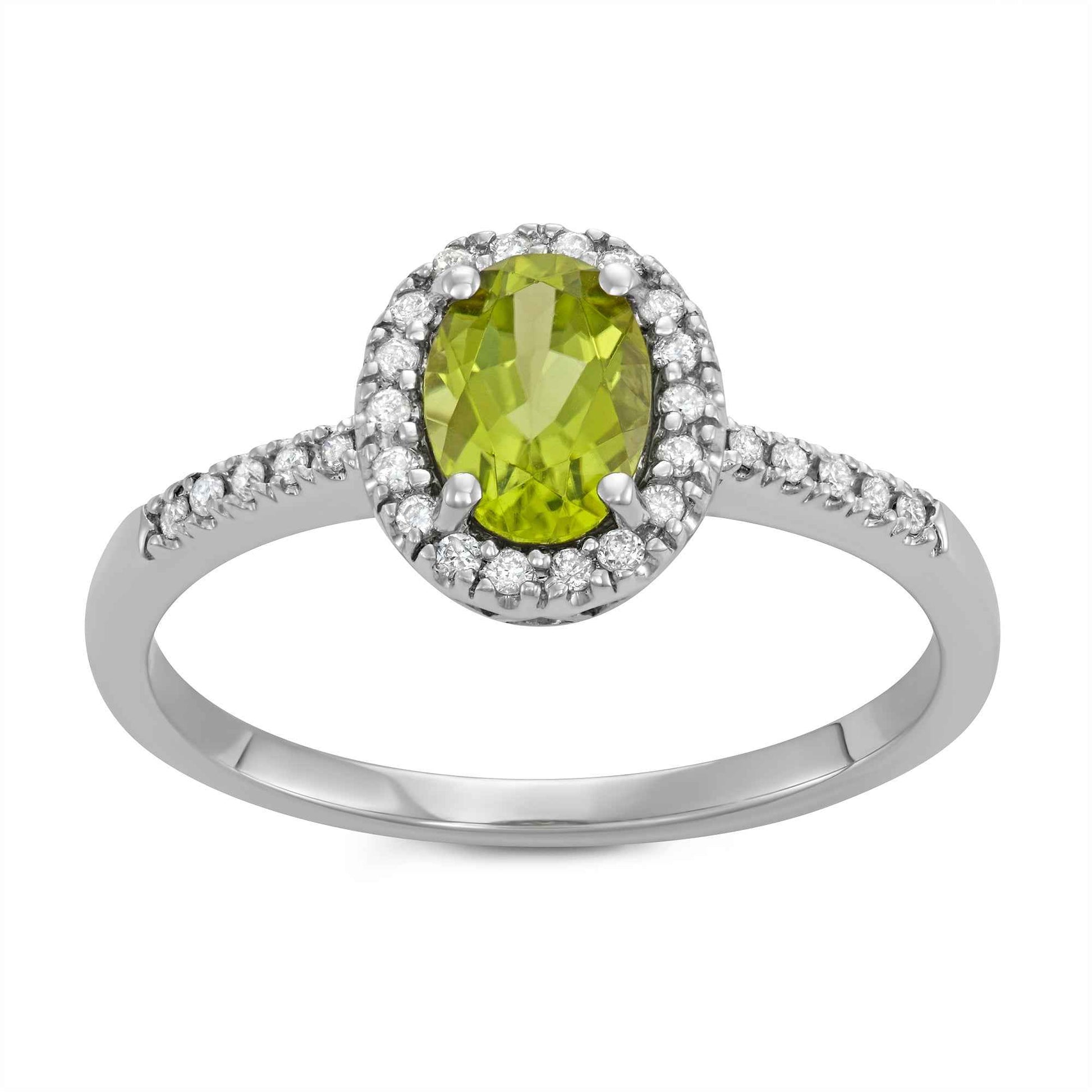 Genuine Oval Peridot Fashion Ring with 1/8 ct .tw. Diamond Halo & Band in 10K White Gold