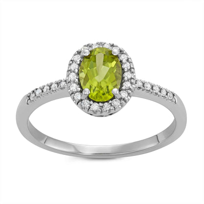 Genuine Oval Peridot Fashion Ring with 1/8 ct .tw. Diamond Halo & Band in 10K White Gold