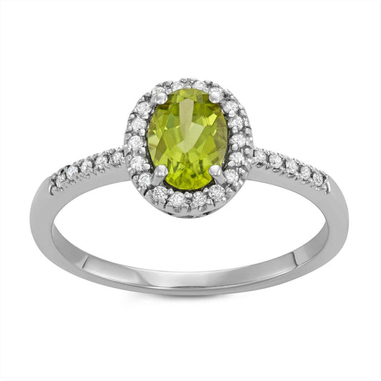 Genuine Oval Peridot Fashion Ring with 1/8 ct .tw. Diamond Halo & Band in 10K White Gold