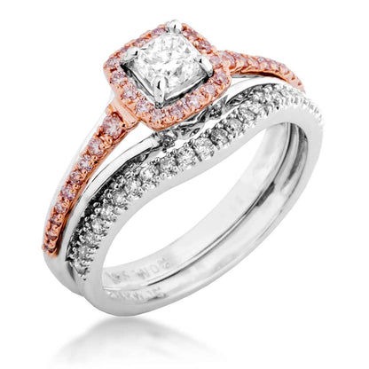 3/4 ct. tw. Cushion Cut Halo Diamond Wedding Set with Round Brilliant White & Pink Diamond Band in 14K Two-Tone front view