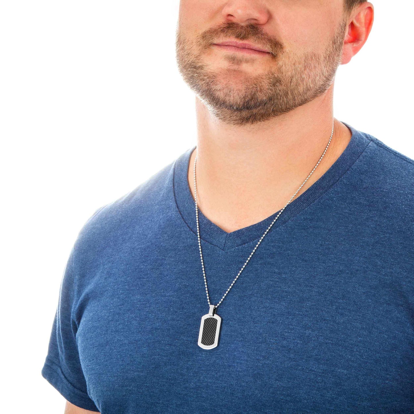 Men's Stainless Steel Dog Tag Necklace with Carbon Fiber Inlay close-up detail