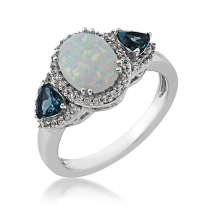 Created Oval Opal, London Blue Topaz & Created White Sapphire Ring in Sterling Silver front view