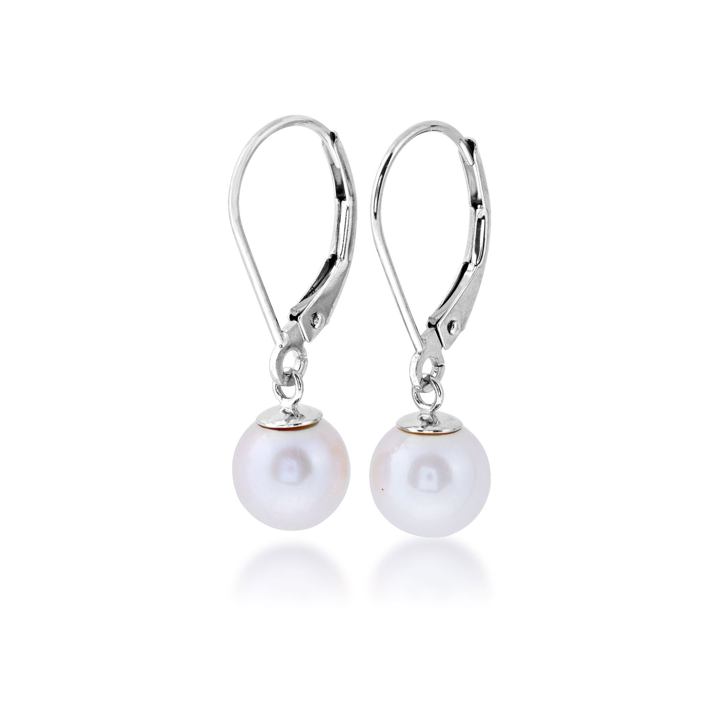 Ladies' 7mm Pearl Lever Back Dangle Earrings in 14K White Gold