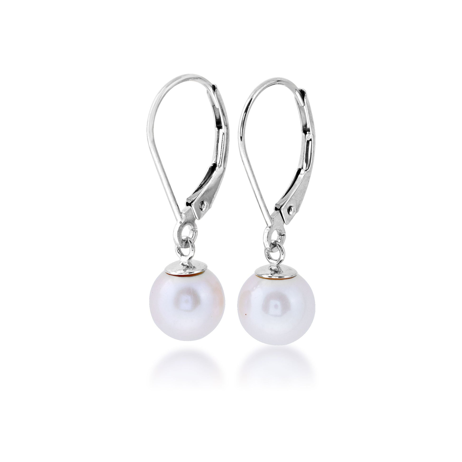 Ladies' 7mm Pearl Lever Back Dangle Earrings in 14K White Gold