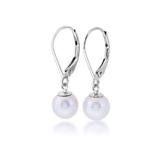 Ladies' 7mm Pearl Lever Back Dangle Earrings in 14K White Gold