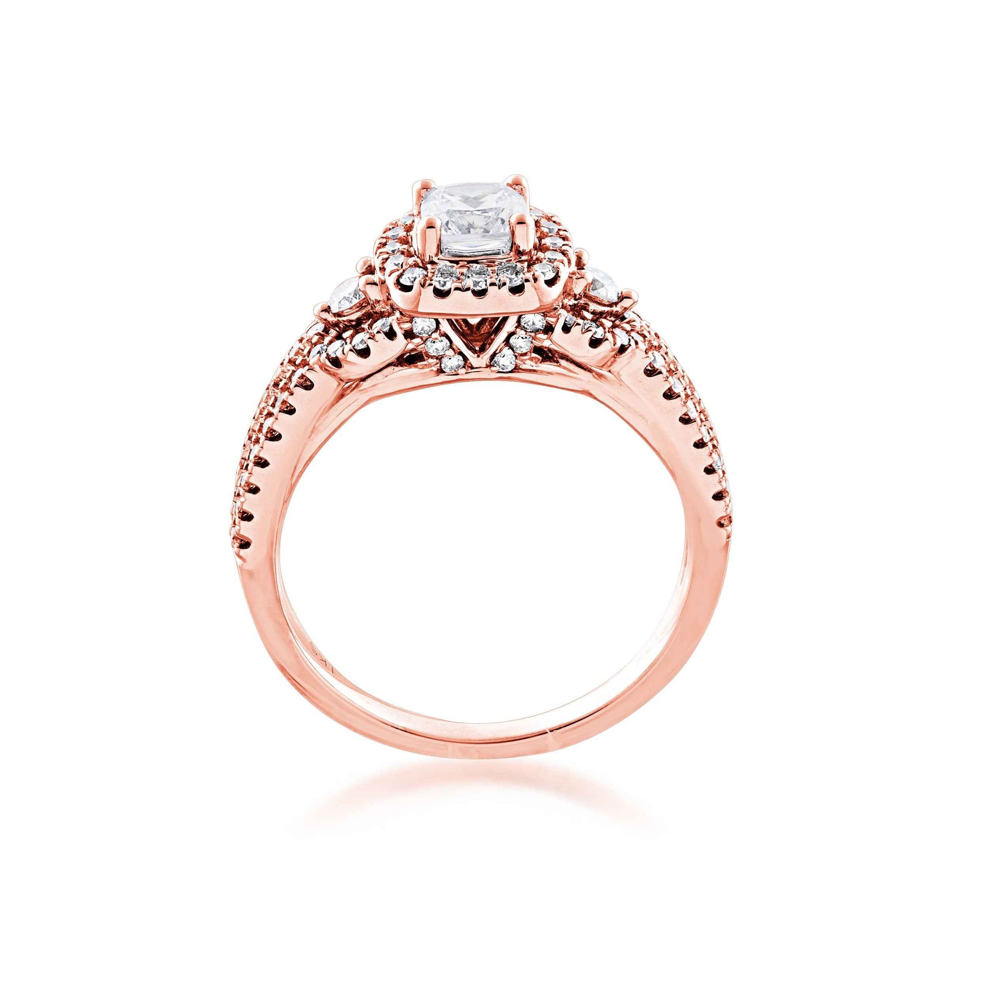 Noventa 1-1/8 ct. tw. Cushion Cut Halo Diamond Wedding Set with V-Split Set Diamond Band in 14K Pink Gold side profile