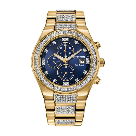Citizen Men's Crystal Eco-Drive Gold-Tone Stainless Steel Watch with Blue Dial Crystal Accents