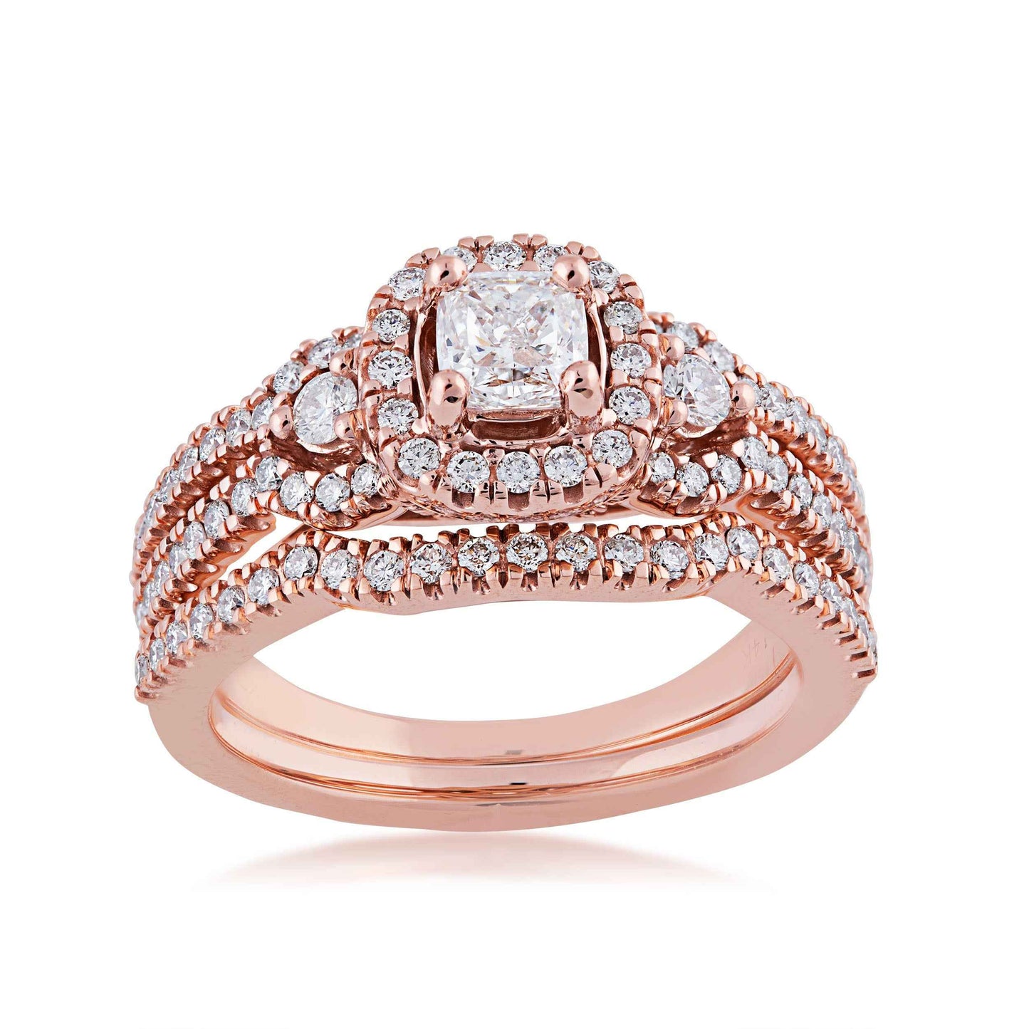 Noventa 1-1/8 ct. tw. Cushion Cut Halo Diamond Wedding Set with V-Split Set Diamond Band in 14K Pink Gold