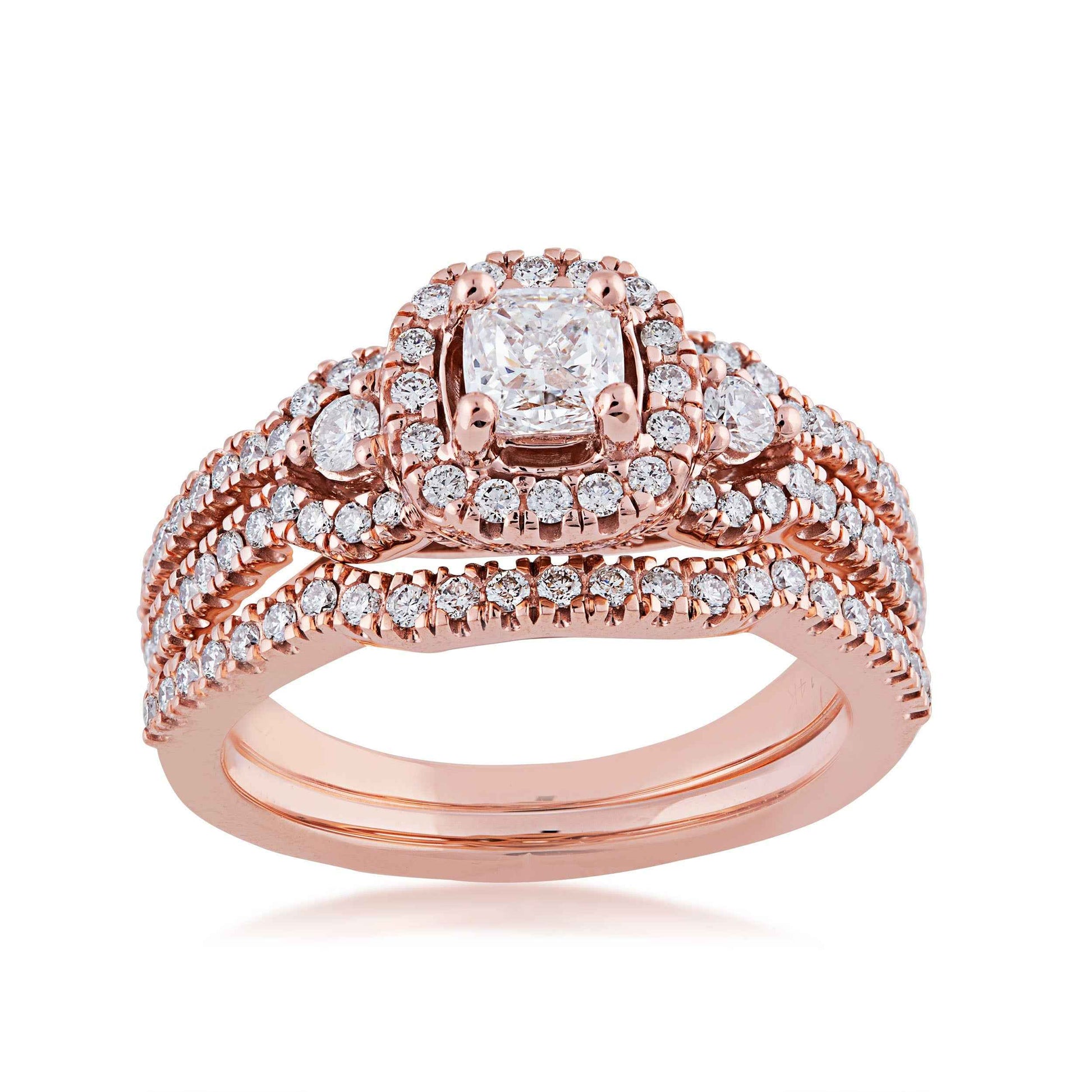 Noventa 1-1/8 ct. tw. Cushion Cut Halo Diamond Wedding Set with V-Split Set Diamond Band in 14K Pink Gold