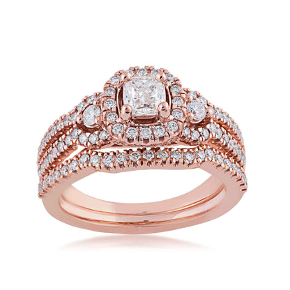 Noventa 1-1/8 ct. tw. Cushion Cut Halo Diamond Wedding Set with V-Split Set Diamond Band in 14K Pink Gold