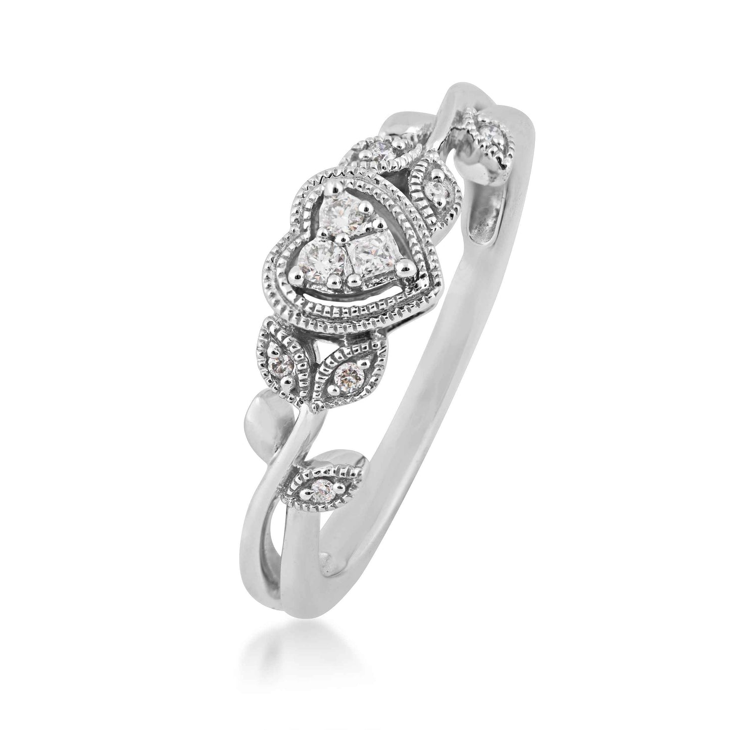 I Promise .08 ct. tw. Heart and Flowers Promise Ring with Milgrain Design in 10K White Gold front view