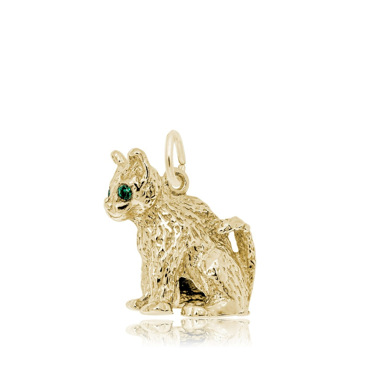 Cat Charm with Green CZ in 14K Yellow Gold