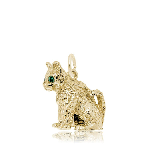Cat Charm with Green CZ in 14K Yellow Gold