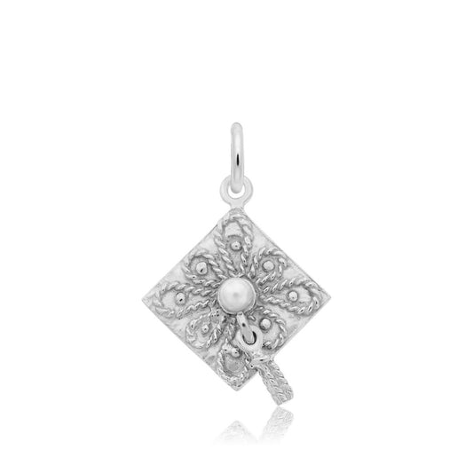 Graduation Cap Charm with Pearl in Sterling Silver