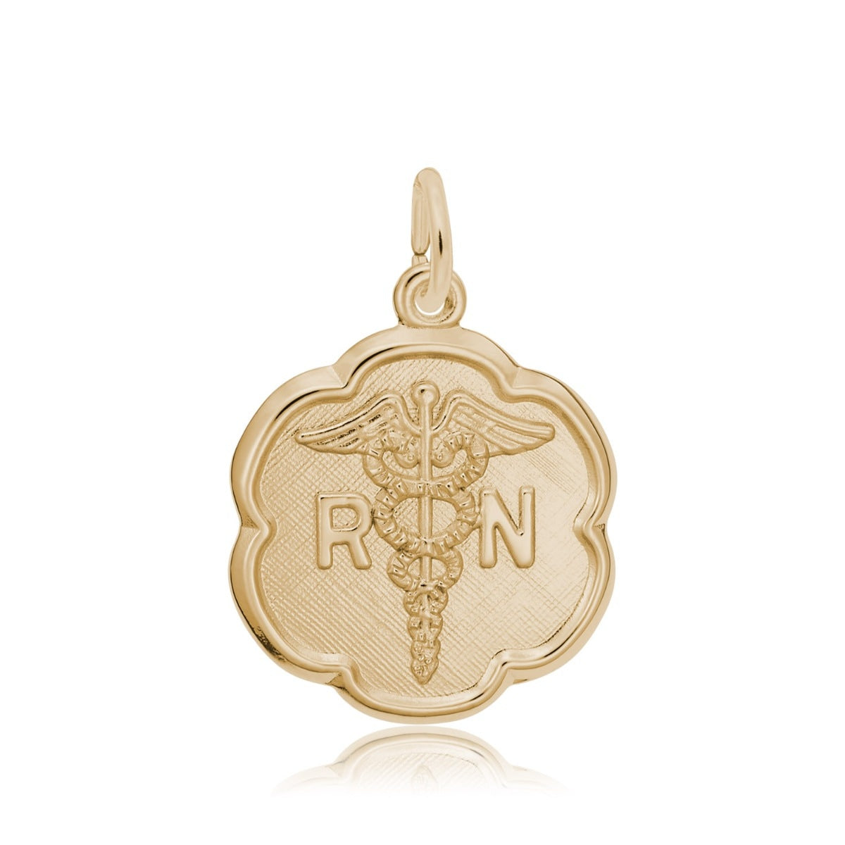 RN Caduceus Scalloped Disc Charm in 14K Yellow Gold