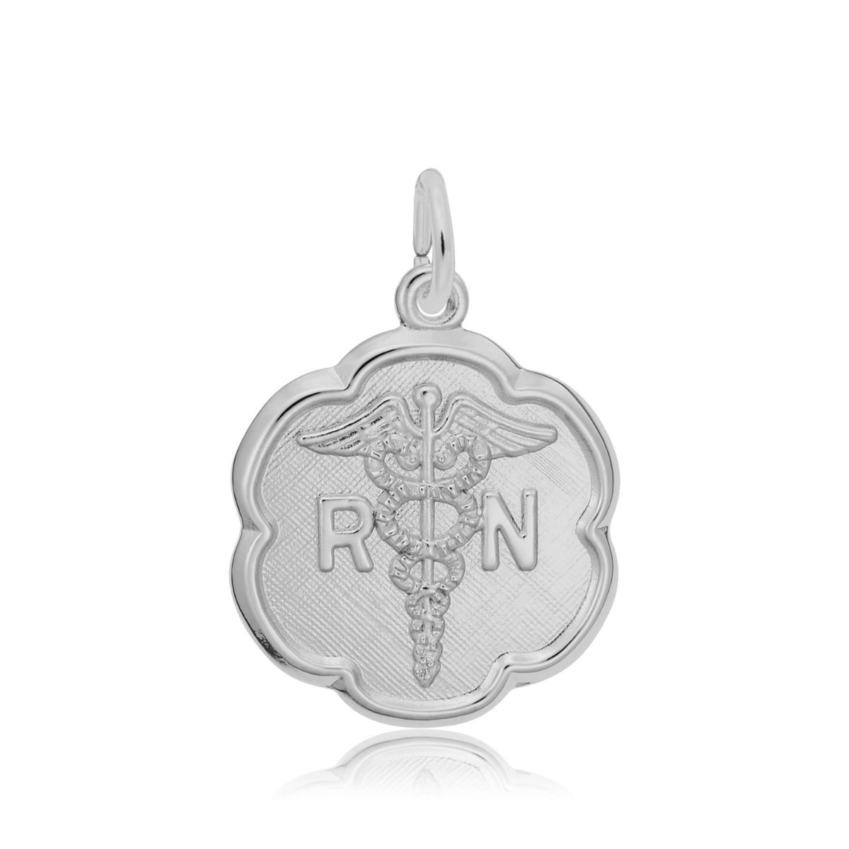 RN Caduceus Scalloped Disc Charm in Sterling Silver